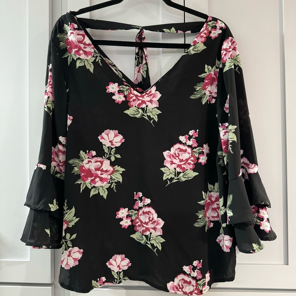 Seven Sistersโ Black with Pink Rose Semi-Sheer V-Neck Low V Back with Tie Blouse